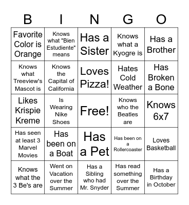 Getting to Know You Bingo Card