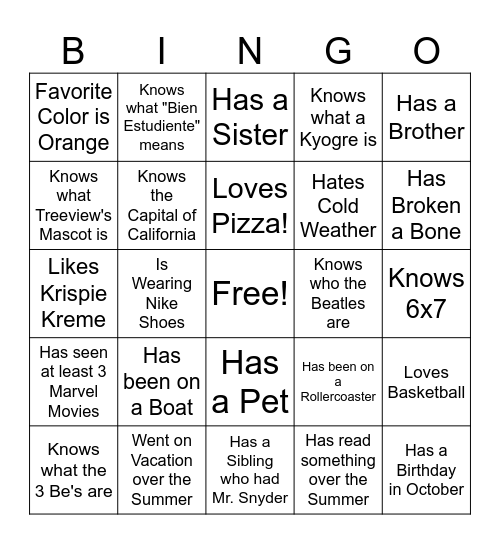 Getting to Know You Bingo Card