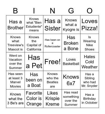Getting to Know You Bingo Card
