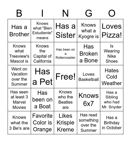 Getting to Know You Bingo Card