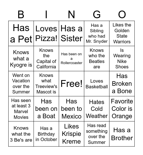 Getting to Know You Bingo Card