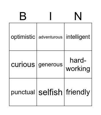 Personality Adjectives Bingo Card