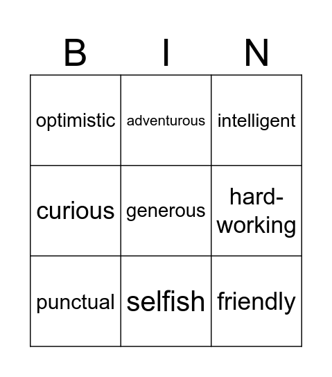 Personality Adjectives Bingo Card