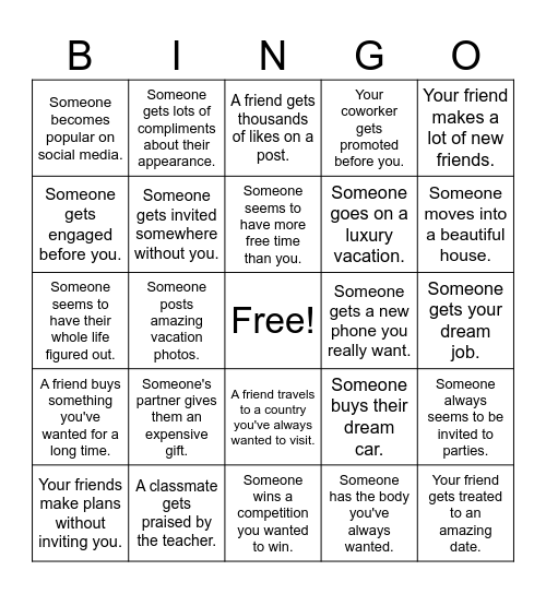 Jealousy, Jealousy Bingo Card