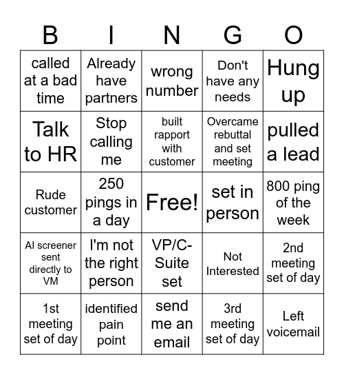 Cold Calling Bingo Card