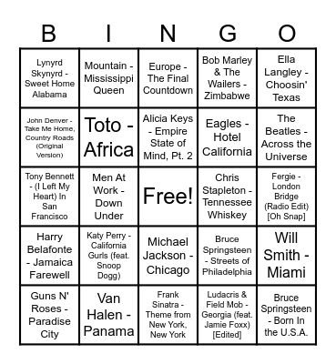 Round 4 - Musical Geography Bingo Card