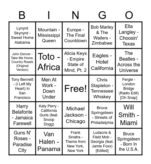 Round 4 - Musical Geography Bingo Card