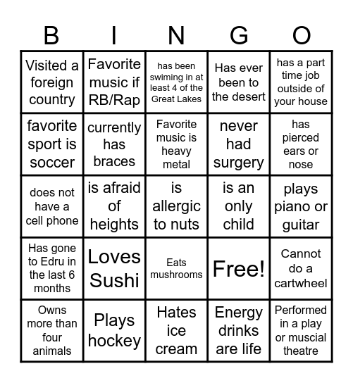Classroom Bingo Card