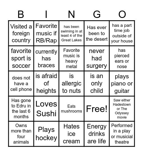 Classroom Bingo Card