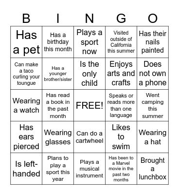 New Student Bingo Card