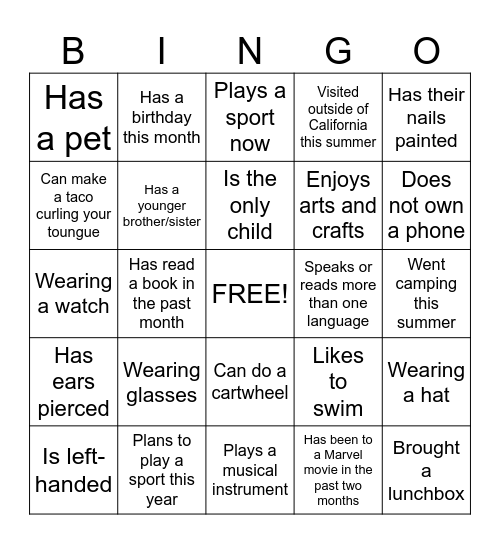 New Student Bingo Card