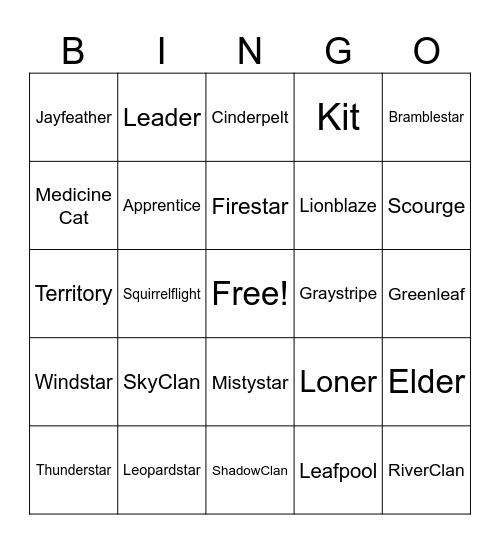 Warrior Cats Bingo Card