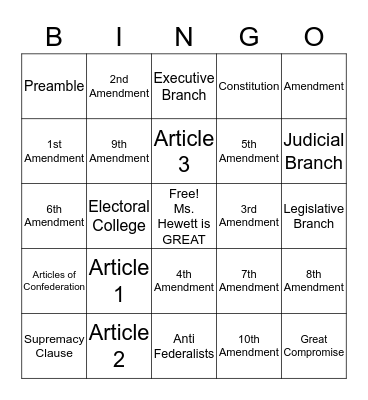 Constitution & Bill of Rights BINGO Card