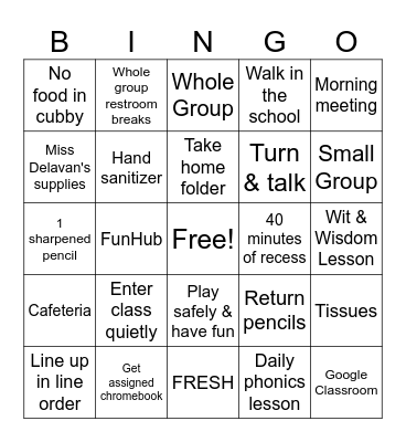 Miss Delavan's Procedures Bingo Card