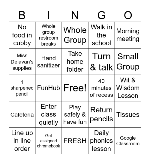 Miss Delavan's Procedures Bingo Card