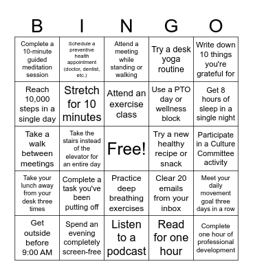 Wellness Month BINGO Card