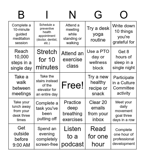 Wellness Month BINGO Card