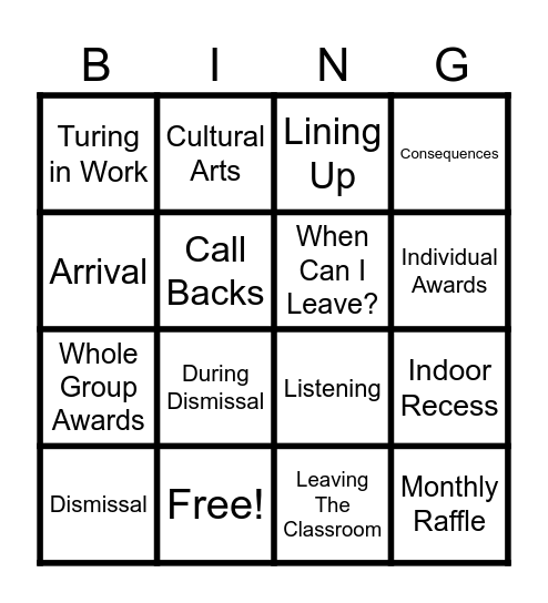 Classroom Procedures Bingo Card