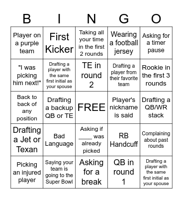 Fantasy Football Draft Bingo Card