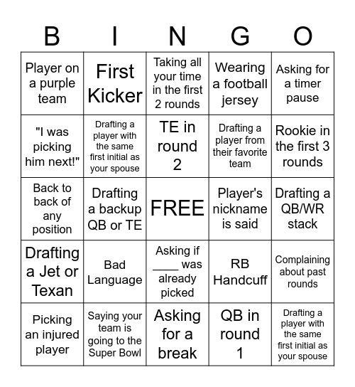 Fantasy Football Draft Bingo Card