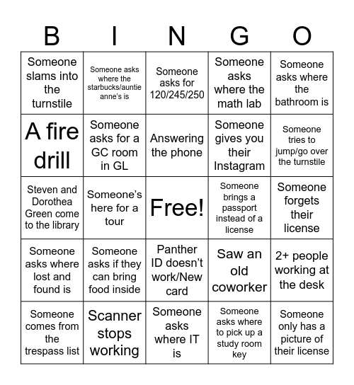 Guest Services Desk Bingo Card