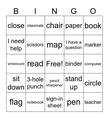 School Bingo Card