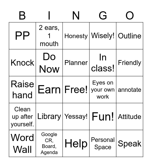 Mrs. O's Back to School Bingo! Bingo Card