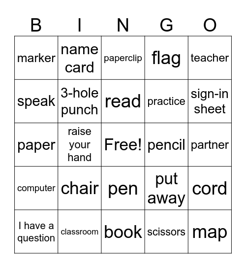 School Bingo Card