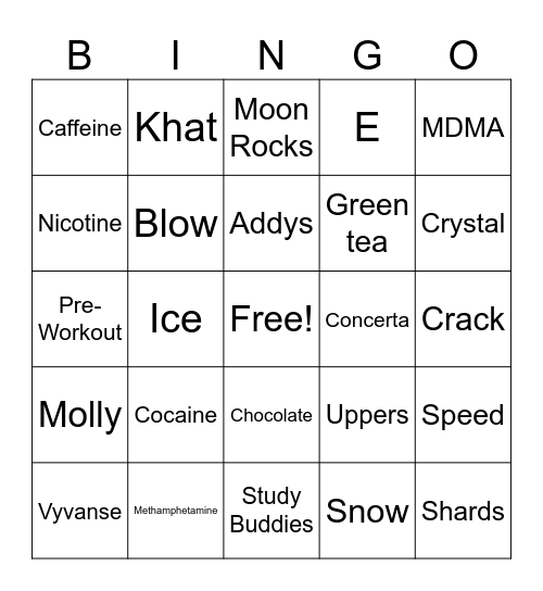 Stimulant Names Bingo Card