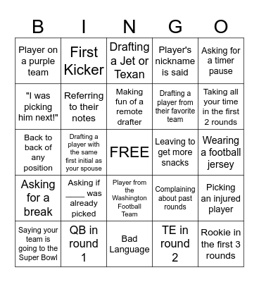 Fantasy Football Draft 2026 Bingo Card
