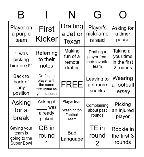 Fantasy Football Draft 2026 Bingo Card