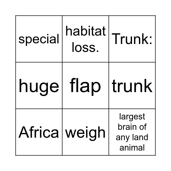 Elephant Bingo Card
