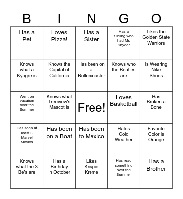 Getting to Know You Bingo Card