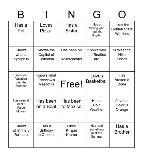 Getting to Know You Bingo Card