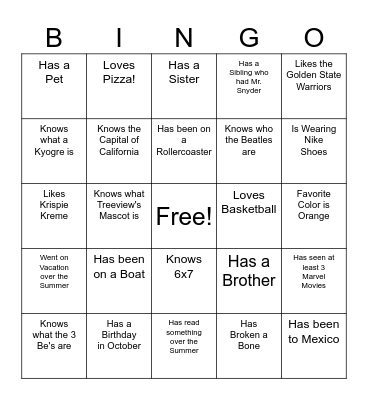 Getting to Know You Bingo Card