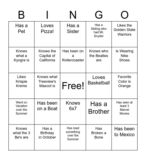 Getting to Know You Bingo Card