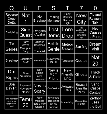 Questicles Session 70 Bingo Card