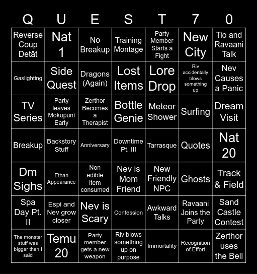 Questicles Session 70 Bingo Card