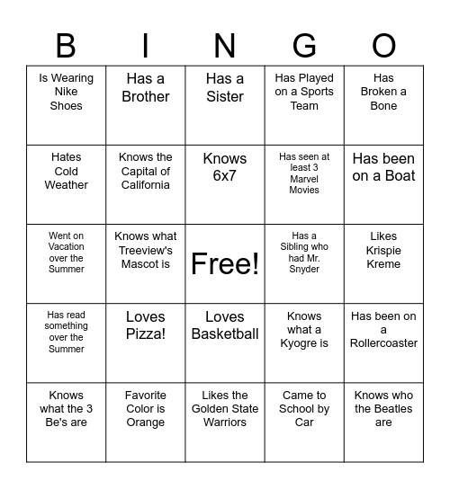 Getting to Know You Bingo Card