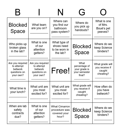 Procedures Bingo Card