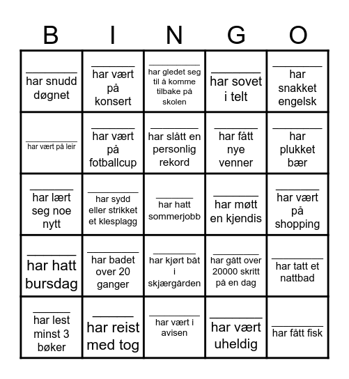 Hvem har gjort hva i sommer? Bingo Card