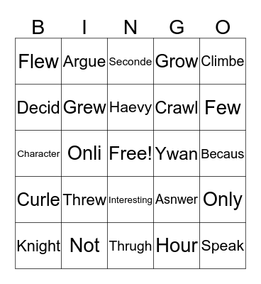 Spelling Bingo Card