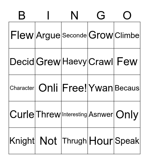 Spelling Bingo Card