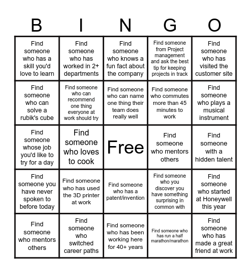 Speed Networking Bingo Card
