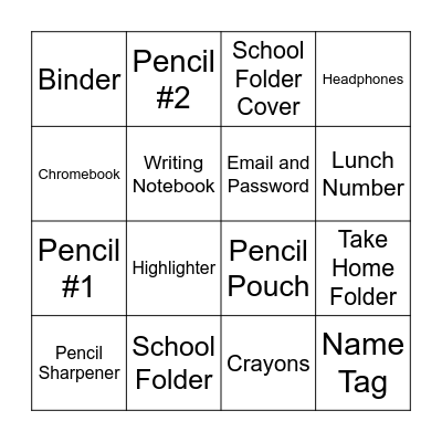 5th Grade Supply Bingo Card
