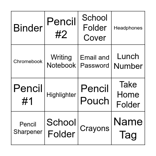 5th Grade Supply Bingo Card