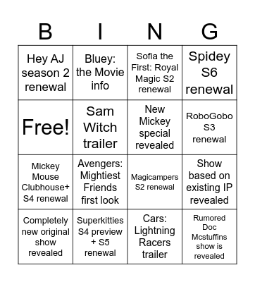 Disney Jr. Let's Play! 2026 Predictions Bingo Card