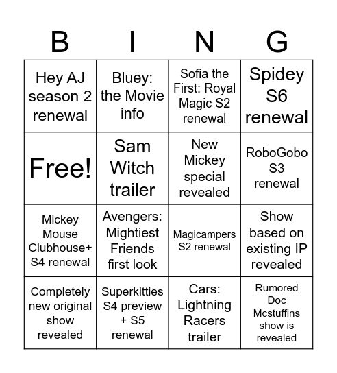 Disney Jr. Let's Play! 2026 Predictions Bingo Card