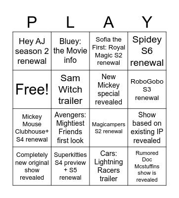 Disney Jr. Let's Play! 2026 Predictions Bingo Card