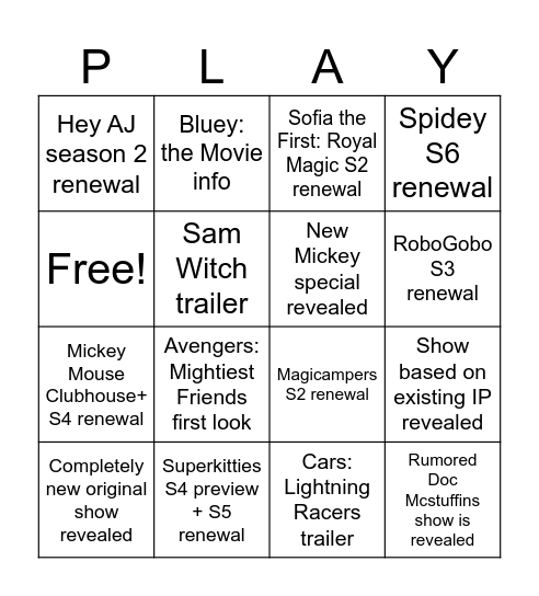 Disney Jr. Let's Play! 2026 Predictions Bingo Card